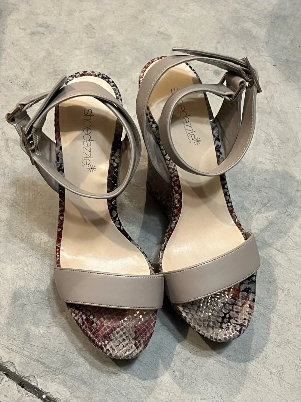 Shoe Dazzle Taupe Strappy Wedge Sandals with Red & Black Snake-Print Platform